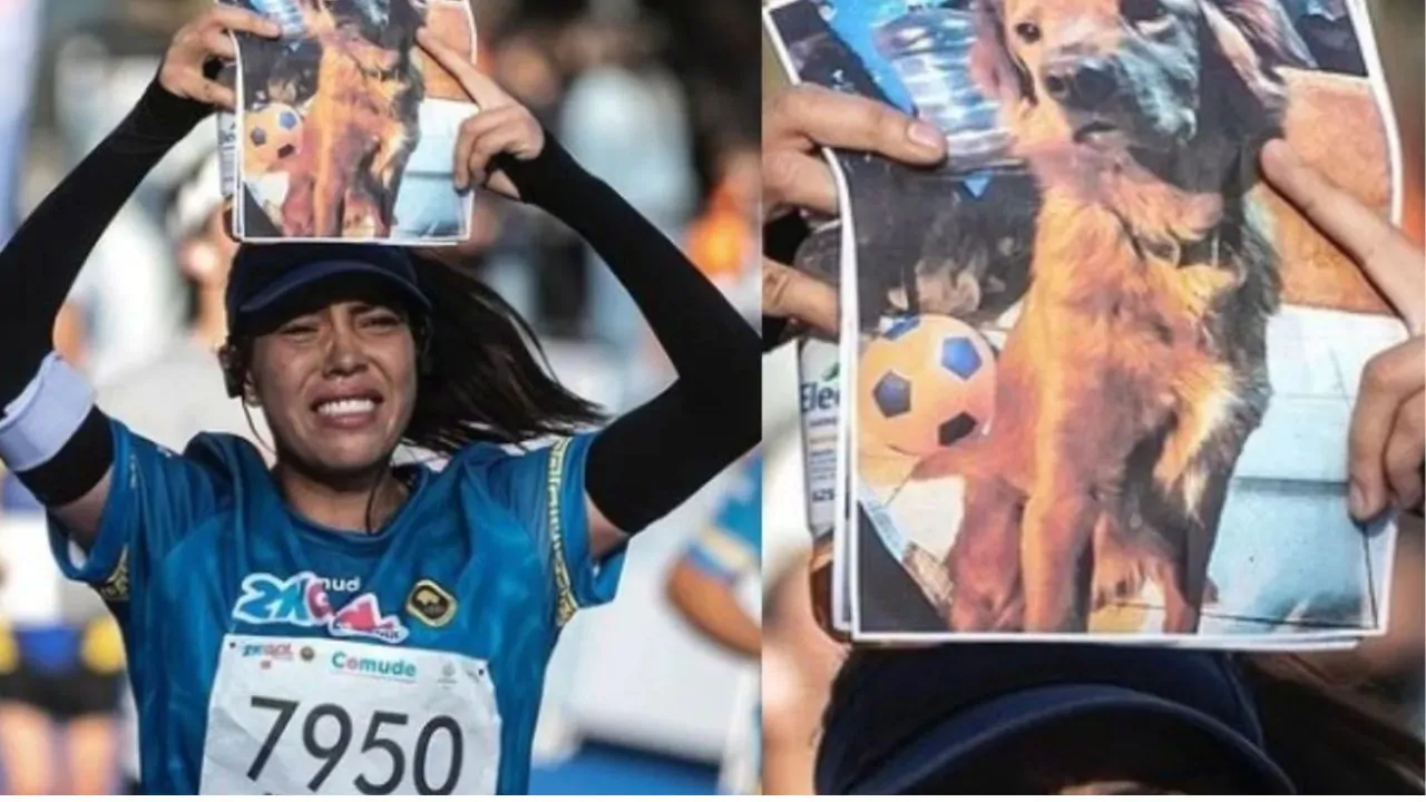 Giovane maratoneta termina la gara tra le lacrime alzando la foto del suo amato cane, morto dieci giorni prima