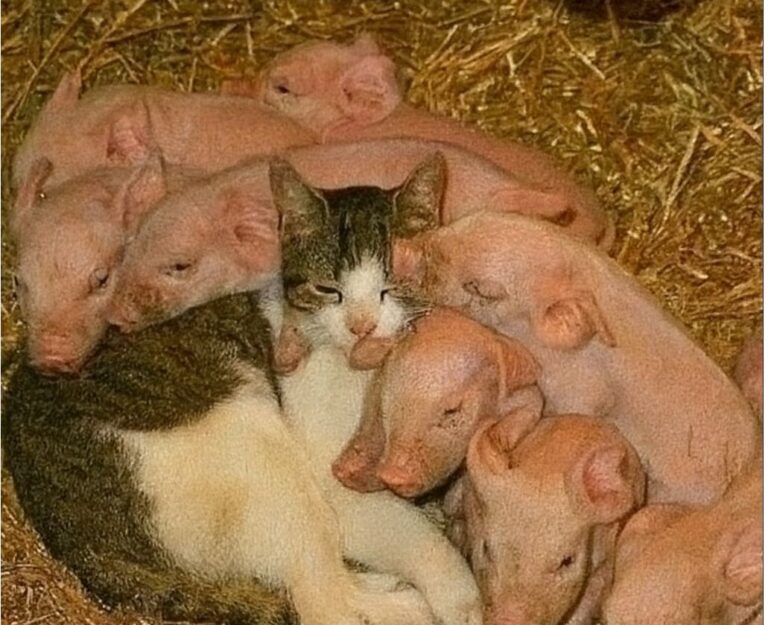 Una scrofa muore dando alla luce i suoi cuccioli. Una gatta di fattoria li adotta, offrendo calore e cure: l’amore che supera ogni barriera di specie.