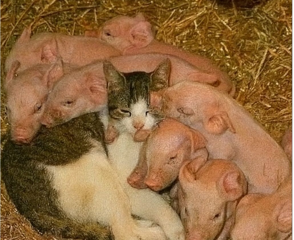 Una scrofa muore dando alla luce i suoi cuccioli. Una gatta di fattoria li adotta, offrendo calore e cure: l’amore che supera ogni barriera di specie.