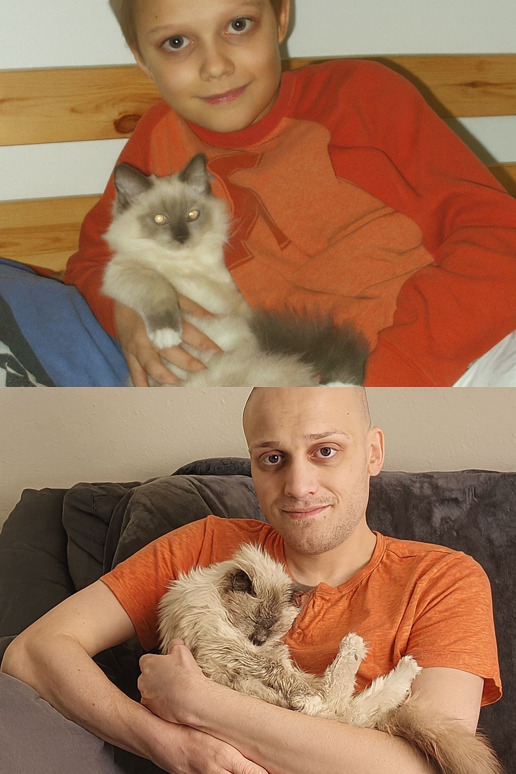 Da bambino a adulto, sempre insieme: Roman ricrea la foto con il suo gatto morente, simbolo di un legame che non conosce tempo.