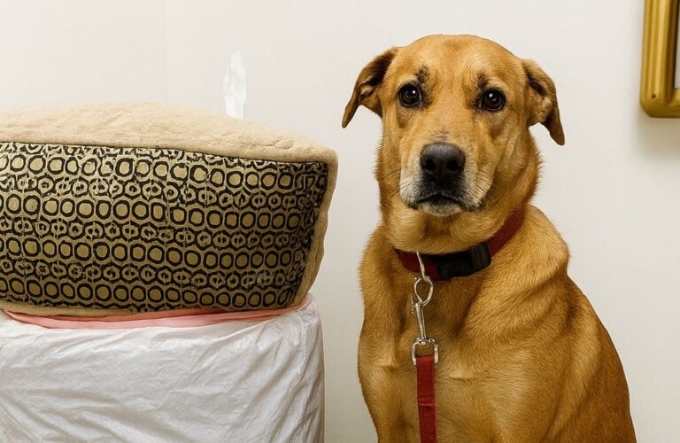Abbandonato con un sacchetto di oggetti e lo sguardo perso nel vuoto, il cane sperava ancora che qualcuno tornasse a prenderlo, nonostante tutto.