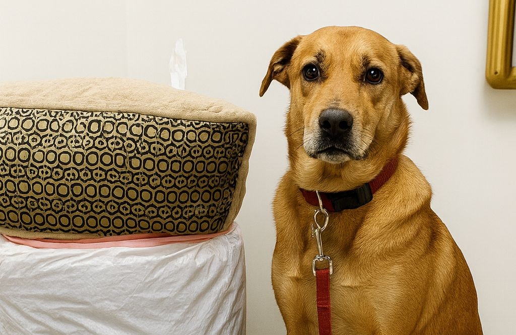Abbandonato con un sacchetto di oggetti e lo sguardo perso nel vuoto, il cane sperava ancora che qualcuno tornasse a prenderlo, nonostante tutto.