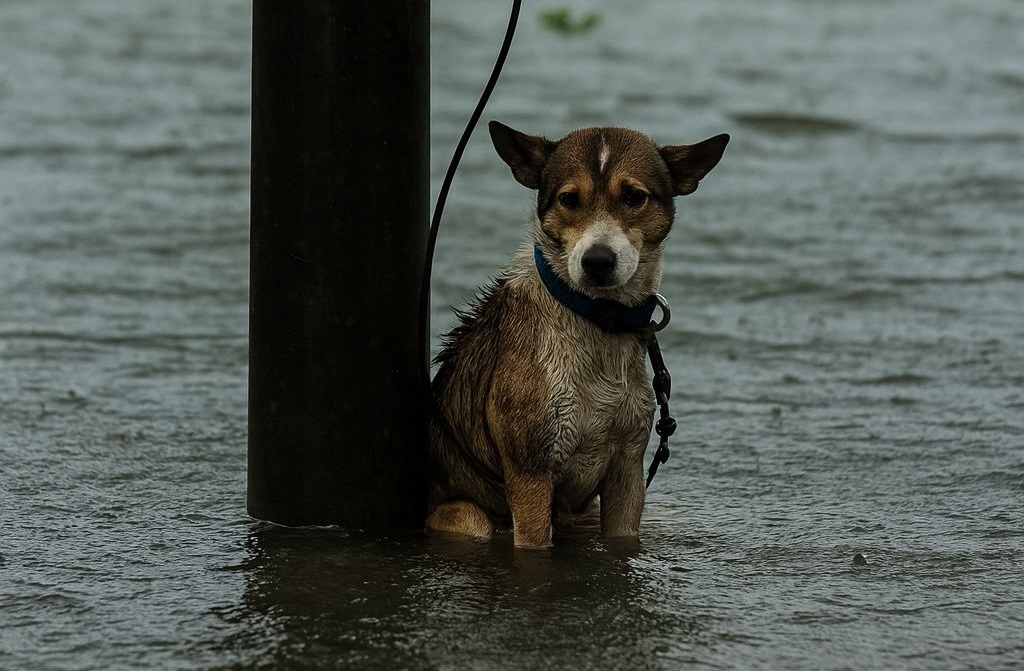 Una cagnolina legata a un palo durante l’uragano in Texas è stata salvata dal fotografo Ruaridh Connellan e oggi vive al sicuro dopo giorni di paura.