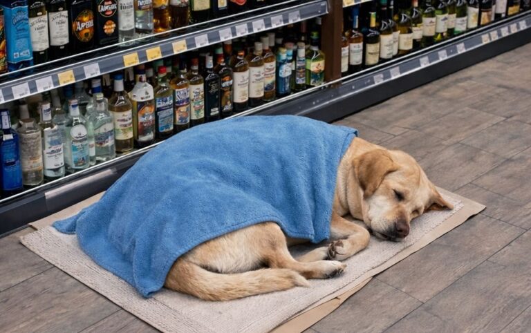 Un negozio di vini e liquori lascia le porte socchiuse durante le notti invernali, offrendo riparo dal freddo ai cani randagi in cerca di un luogo sicuro.