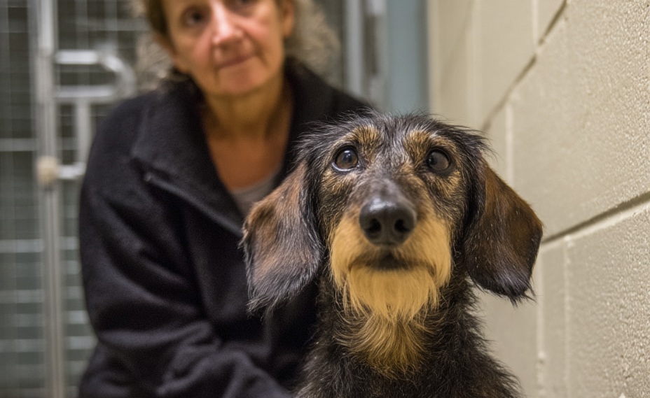 Sei anni, pelo ruvido nero e marrone, nessun trucco speciale. Ignorato per mesi. Poi una donna lo vede davvero e lo adotta all’istante.