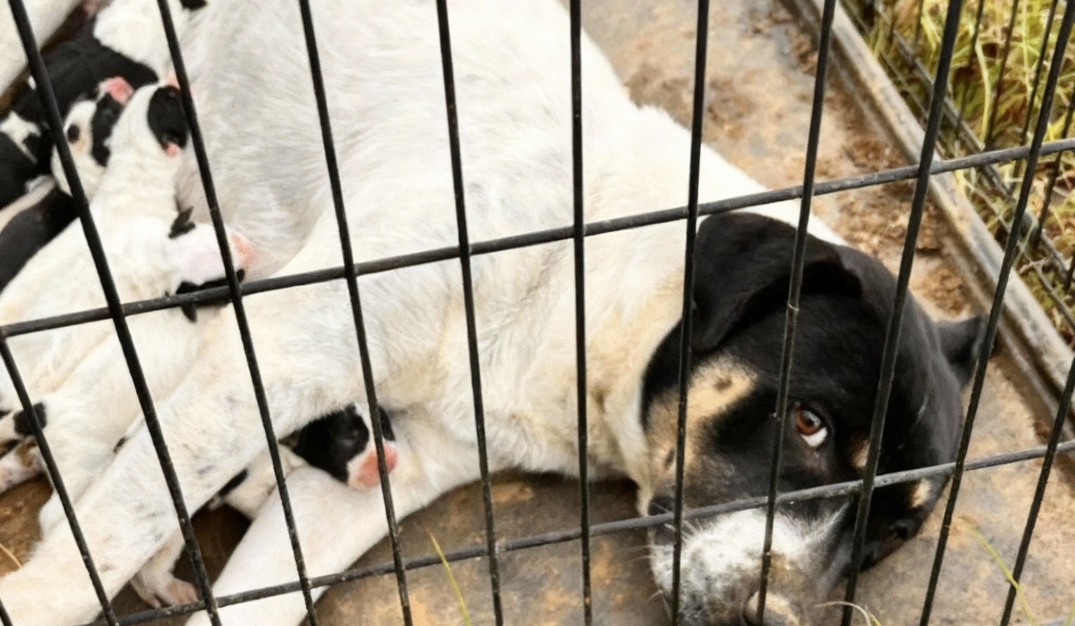 Una cagna con sette cuccioli viene trovata chiusa in una gabbia metallica, esposta alla pioggia e al freddo. Un passante si ferma e attiva i soccorsi.