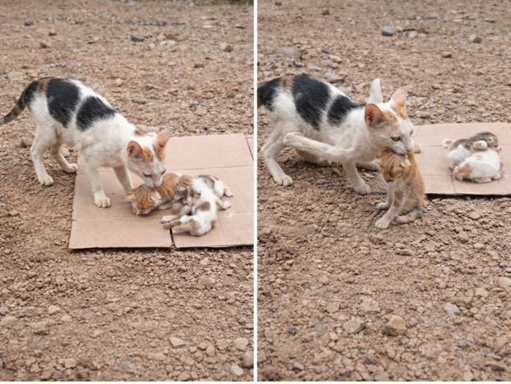 Gravemente ferita e sostenendosi a fatica, una gatta ha cercato aiuto sotto la pioggia portando in bocca il suo cucciolo. Ora entrambi sono al sicuro.