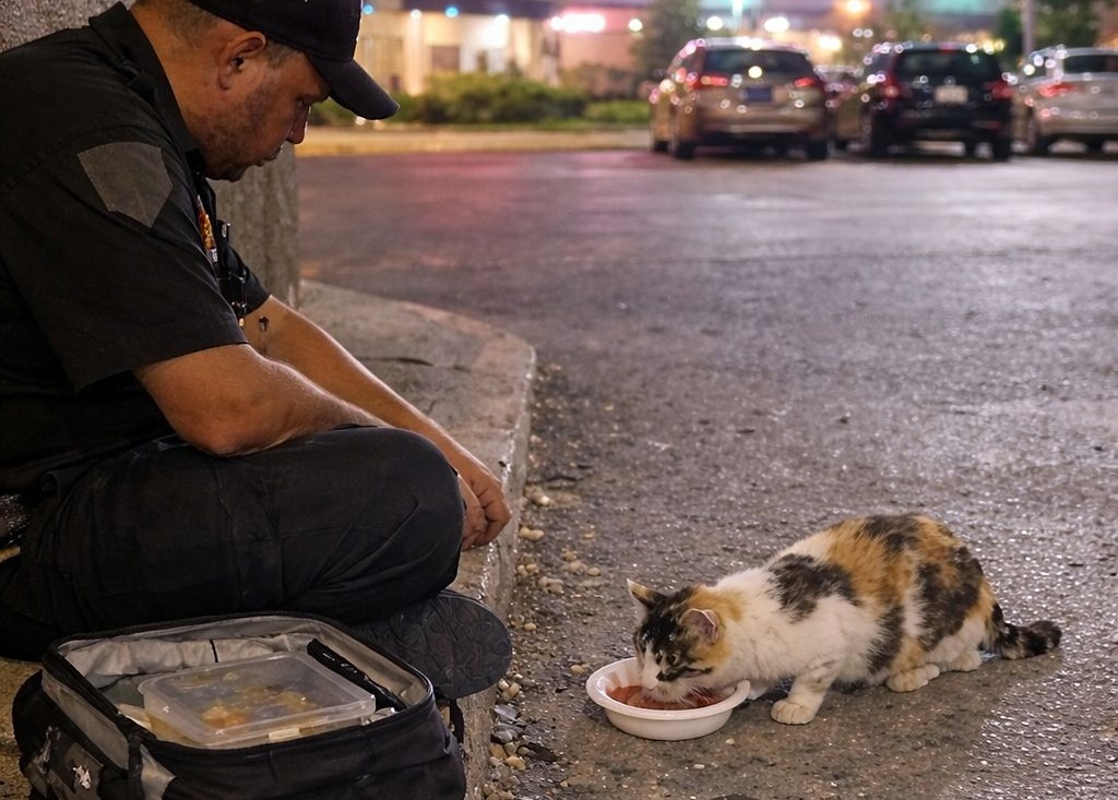 Guardia notturna a Puebla rischia il posto per nutrire una gatta randagia. Nonostante il divieto, ogni notte trova un modo per prendersi cura di lei.