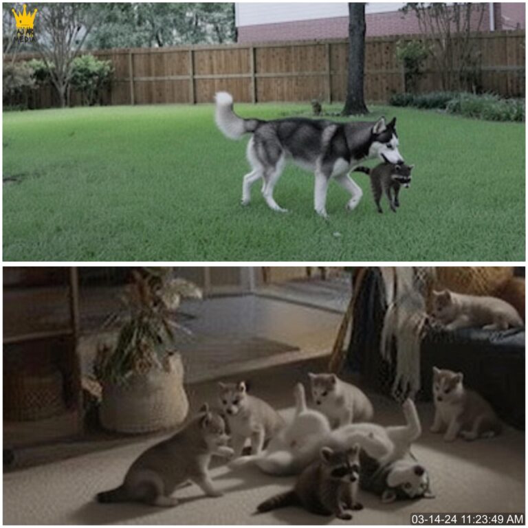 Un uomo installa telecamere per controllare la husky incinta; dopo la morte di una procione investita, il cane adotta il suo cucciolo e lo allatta con i propri.