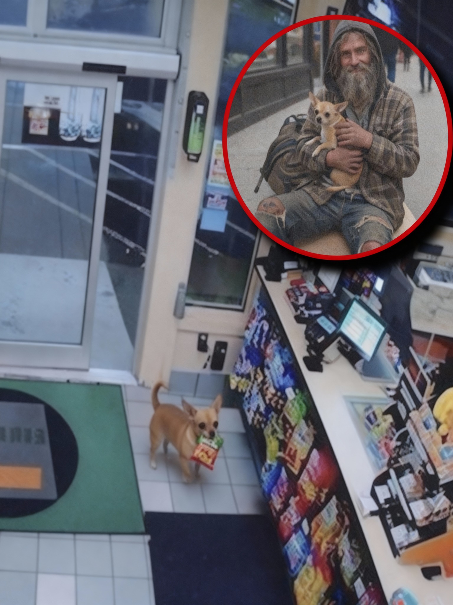 Per settimane spariscono snack da un negozio. Le telecamere rivelano un minuscolo chihuahua che li prende e li porta al padrone senzatetto ferito.