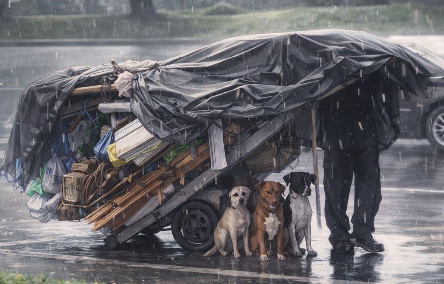 Un uomo che lavora raccogliendo materiali riciclabili si ferma sotto un temporale e usa il telo del suo carrello per proteggere alcuni cani randagi dalla pioggia.