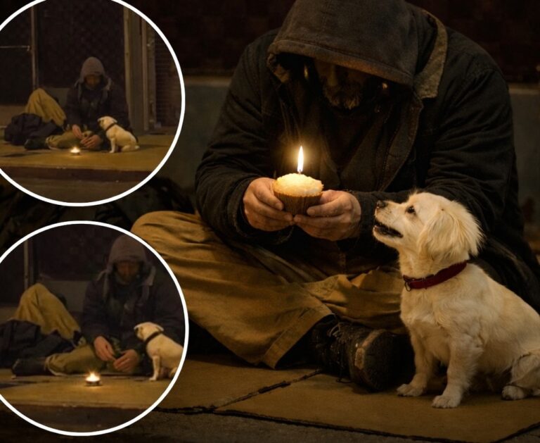 Una donna si ferma incuriosita davanti a un senzatetto e al suo cane che festeggiano con un cupcake il giorno in cui si sono trovati.