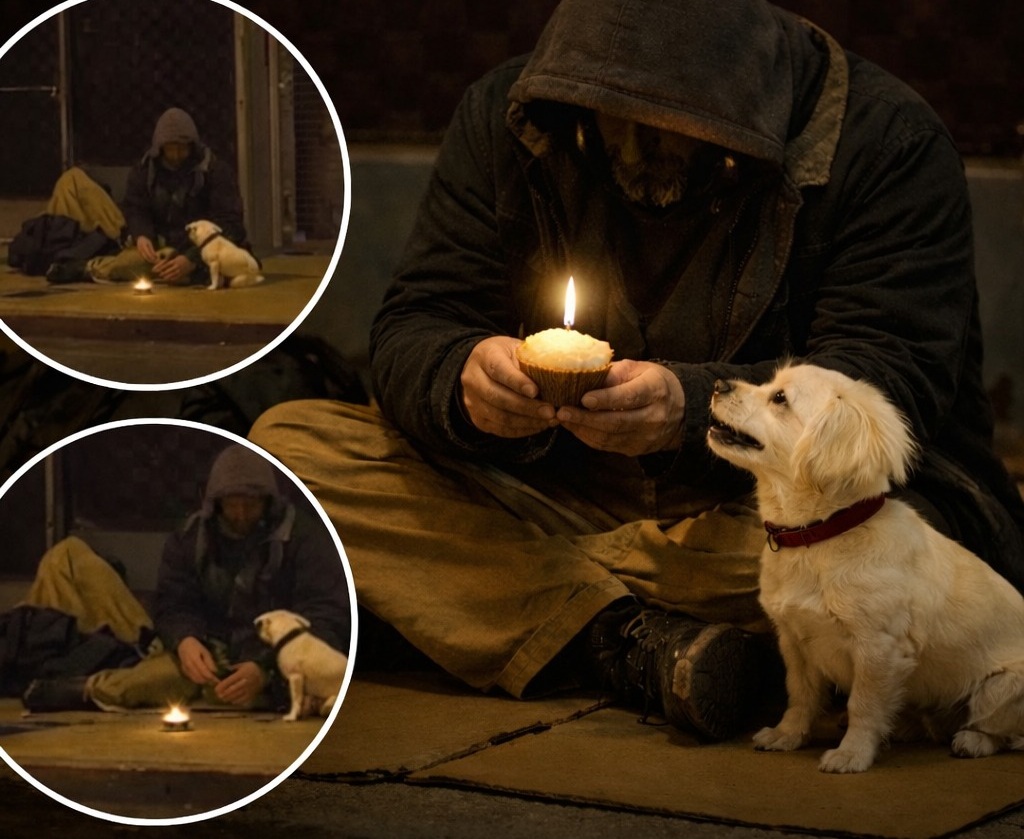 Una donna si ferma incuriosita davanti a un senzatetto e al suo cane che festeggiano con un cupcake il giorno in cui si sono trovati.