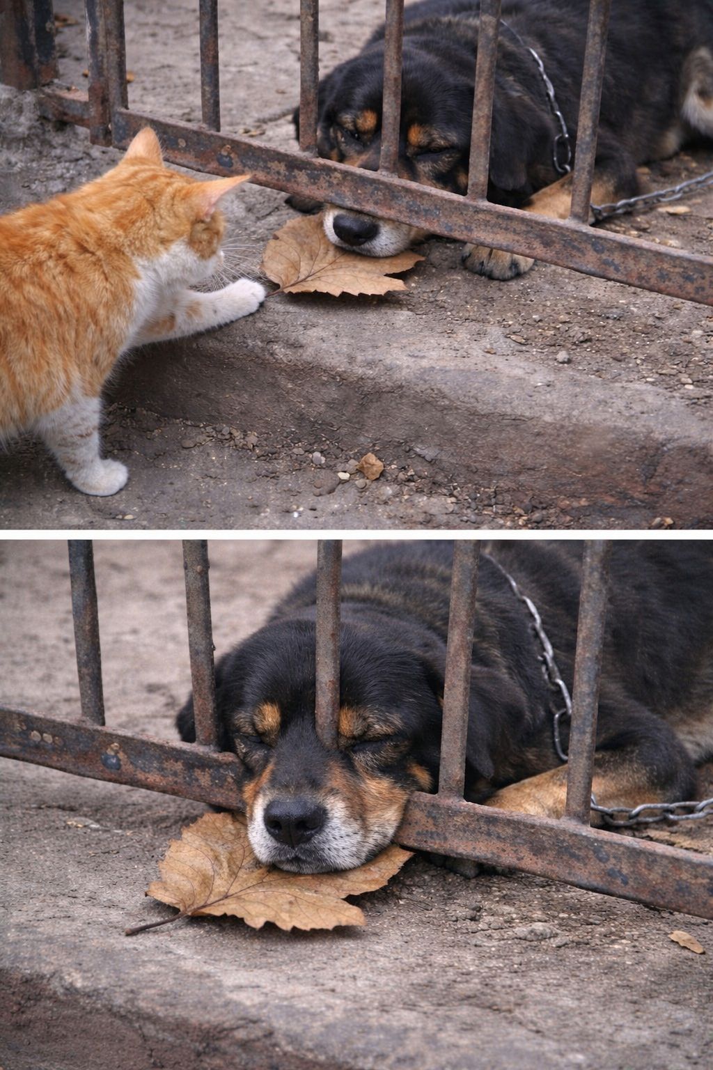 A Città del Messico un gatto randagio si avvicina ogni giorno alla grata dove vive il cane Capitán, lasciando foglie e piccoli oggetti davanti a lui.