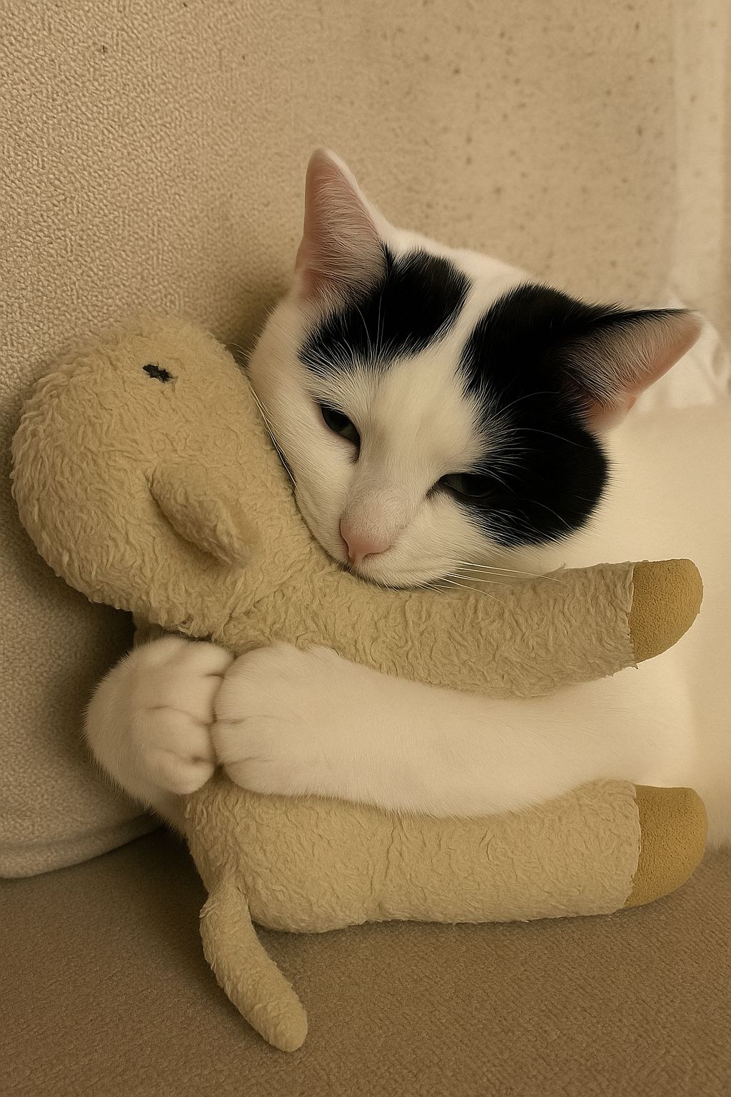 Un gatto rimasto a lungo in rifugio senza essere adottato sviluppa un forte legame con un peluche e lo porta con sé anche dopo l’adozione.