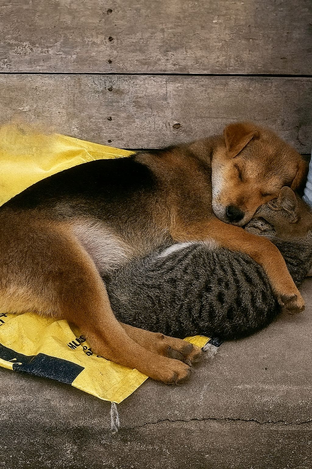 Un cane e un gatto randagi, privi di tutto, sopravvivono condividendo lo stesso spazio e sostenendosi a vicenda in condizioni difficili e senza riparo.