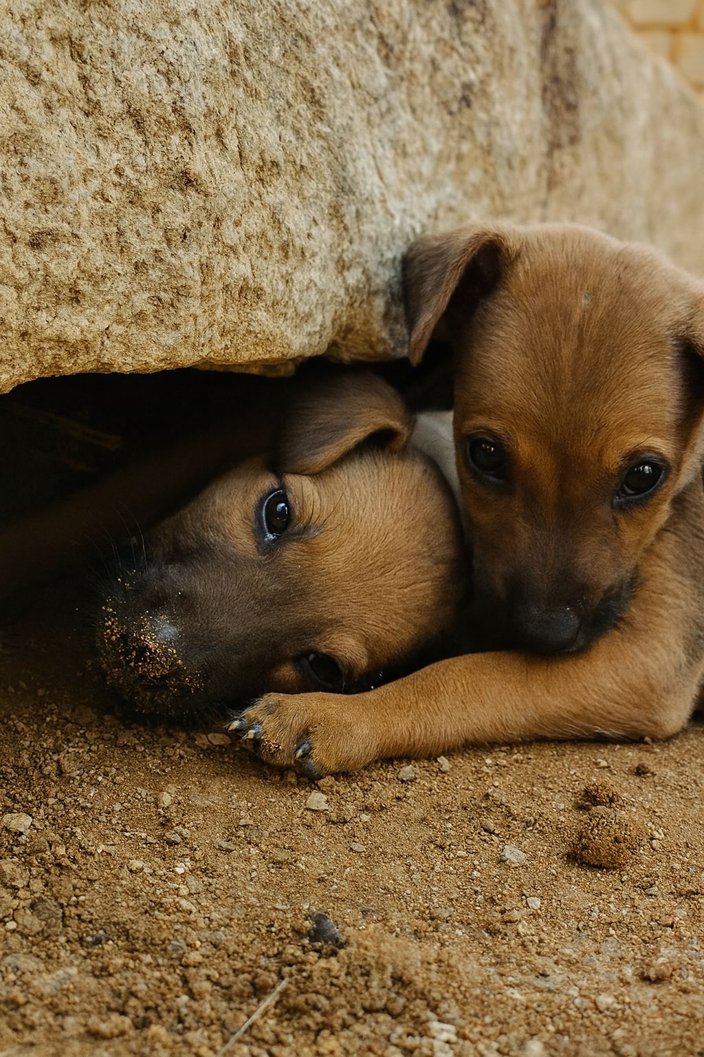 Due piccoli animali randagi trovati sotto un masso cercano riparo e sopravvivono insieme tra difficoltà quotidiane, ignorati dai passanti e privi di assistenza.