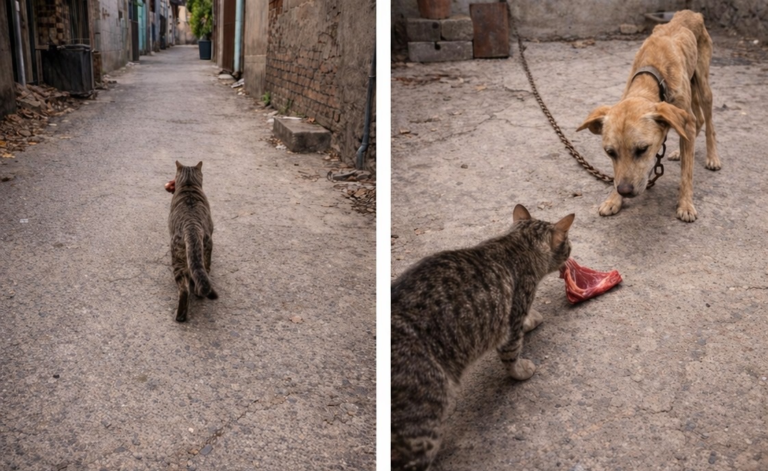 Un gatto si avvicina a un cane denutrito e gli porta del cibo. Non scappa, resta accanto a lui mentre mangia. Una scena che racconta un legame inatteso.