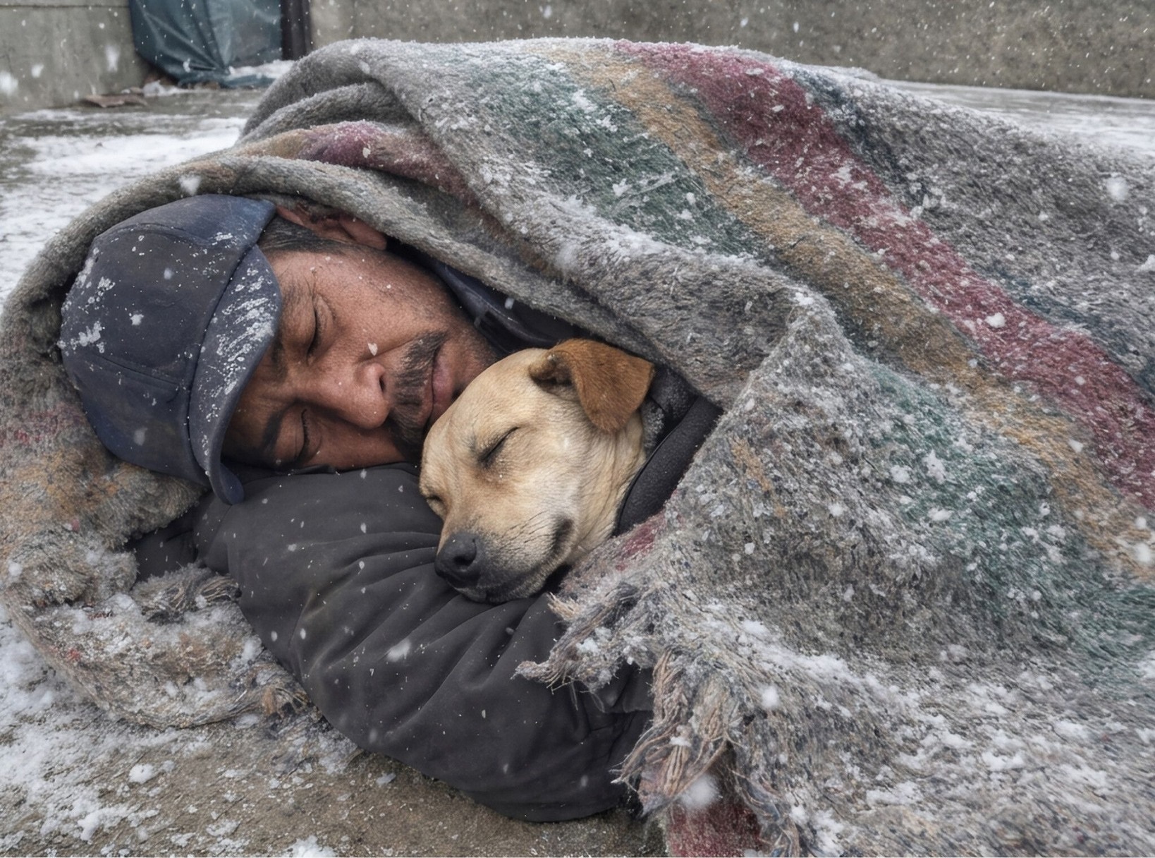 Un uomo senza casa affronta una notte gelida stringendo il suo cane. Il loro legame resiste fino alla fine, in una storia che colpisce profondamente.
