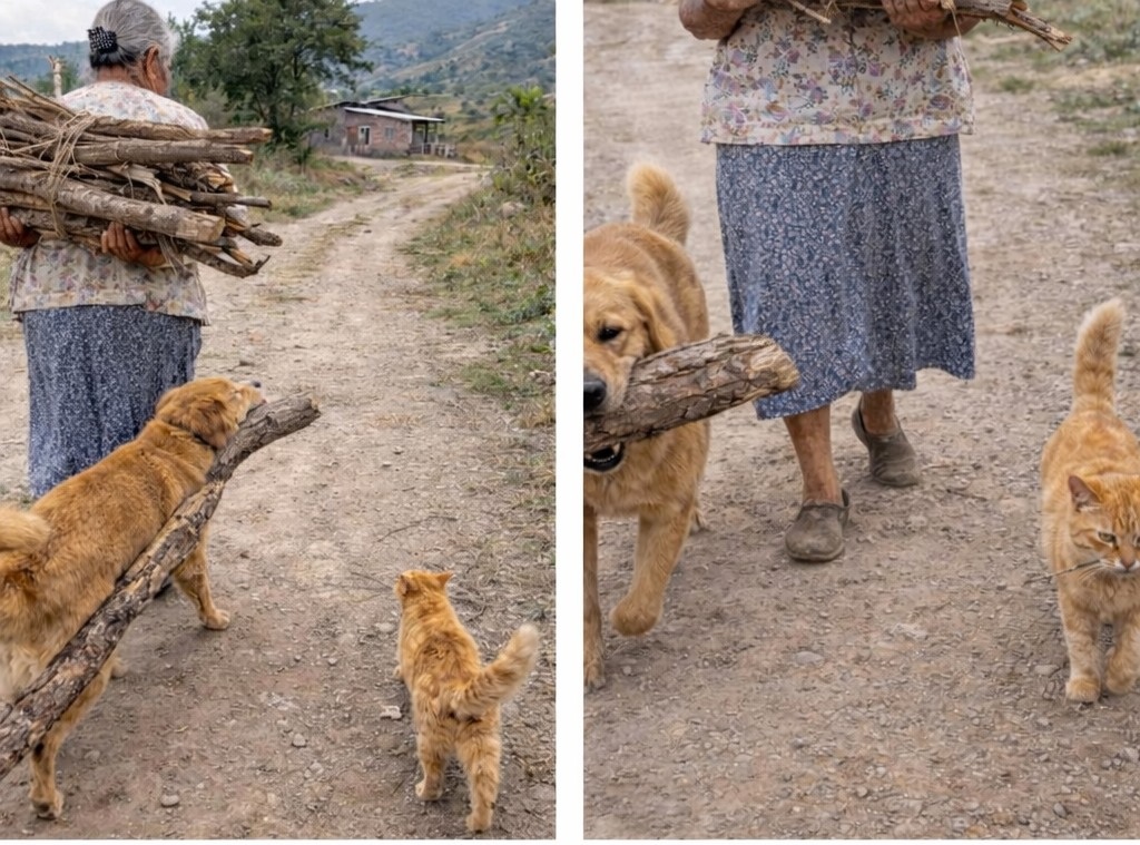 Un’anziana trasporta legna ogni giorno. Accanto a lei, un cane e un gatto la aiutano a modo loro, regalando una scena tenera.