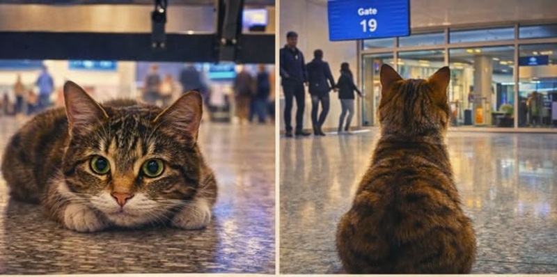 Una gattina viene abbandonata in aeroporto e accudita dai lavoratori. Dopo 18 mesi vive nel terminal, diventando presenza stabile tra passeggeri e personale.