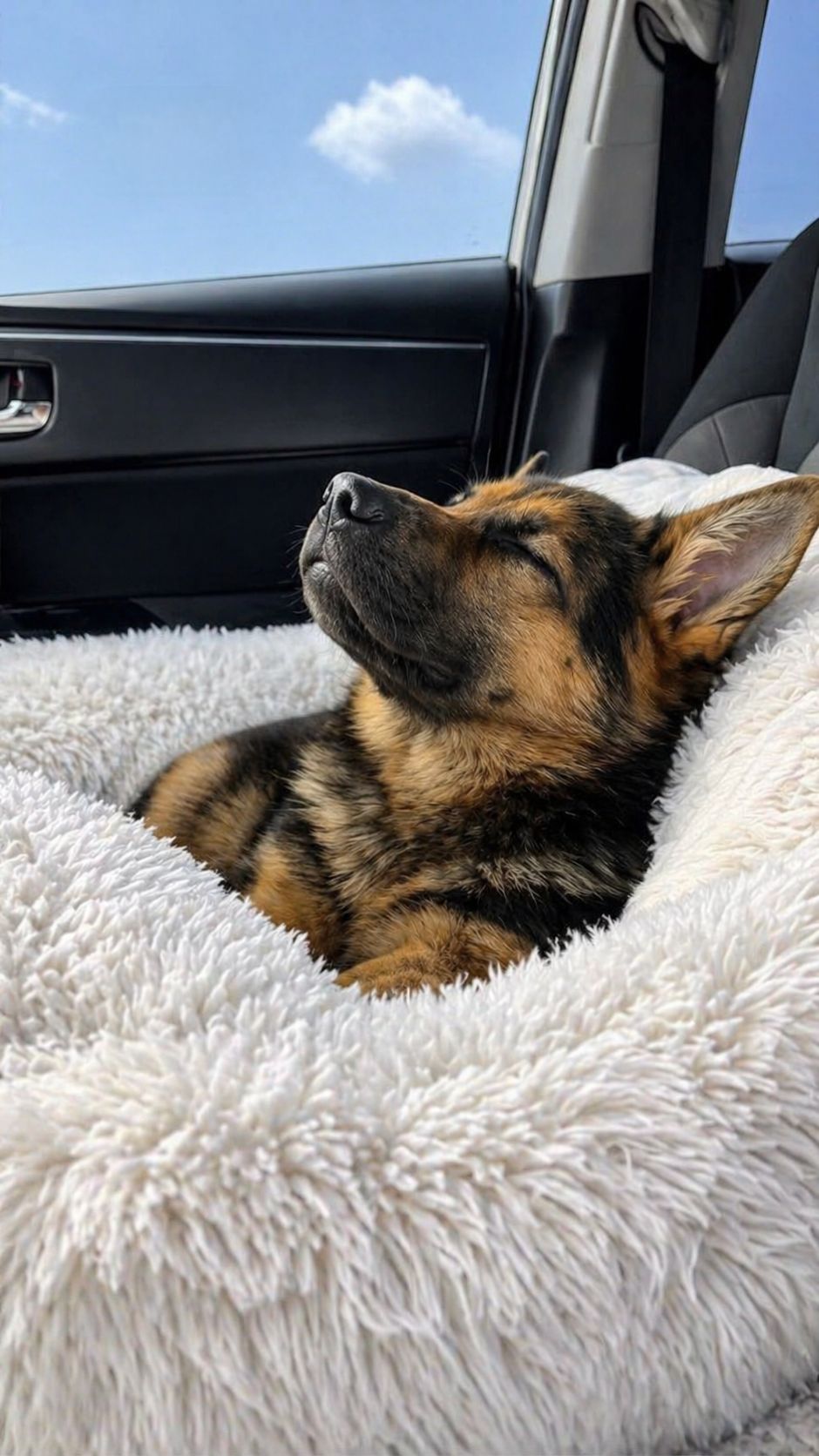 Una cagnolina appena adottata affronta il primo viaggio verso casa, mostrando segnali di fiducia e adattamento durante il trasferimento con il nuovo proprietario.