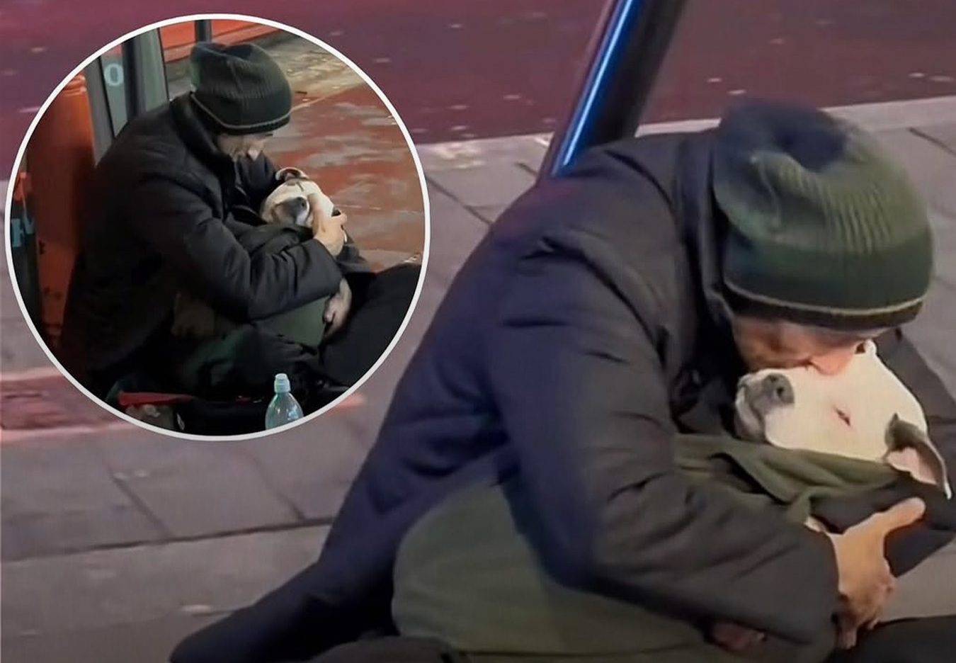 Un uomo senza fissa dimora culla ogni notte il suo cane per aiutarlo a dormire tra rumori, passanti e traffico della strada.