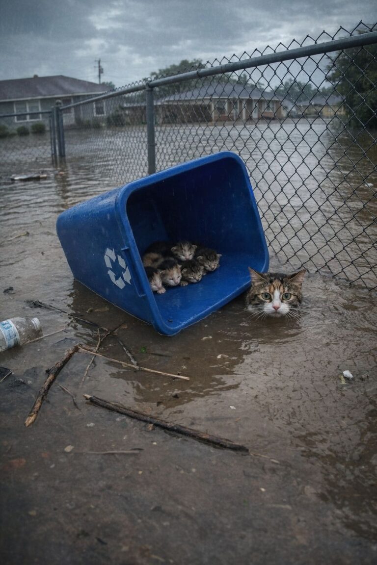 La micia randagia è rimasta per ore nell’acqua per proteggere i gattini appena nati fino all’arrivo dei soccorsi.