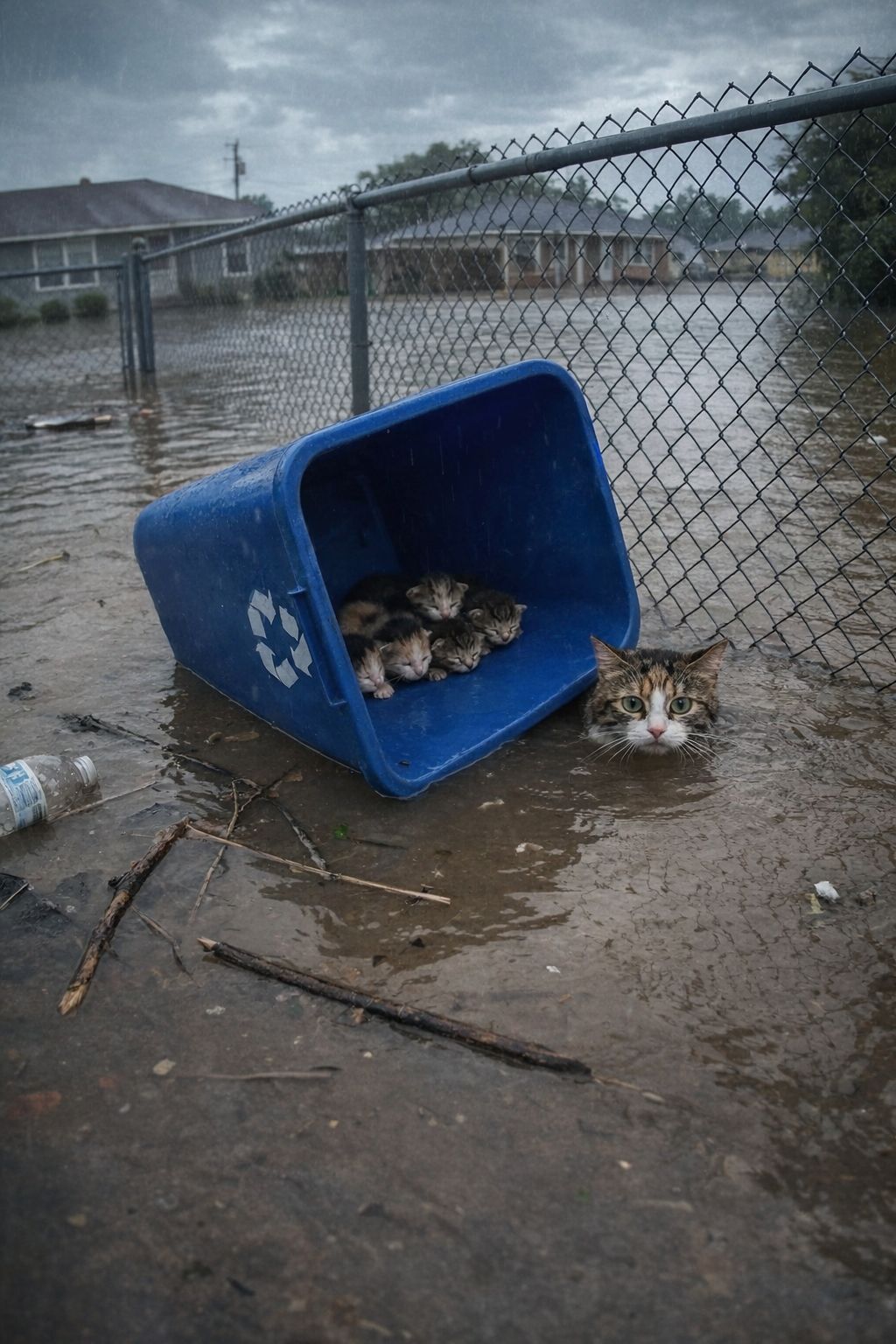 La micia randagia è rimasta per ore nell’acqua per proteggere i gattini appena nati fino all’arrivo dei soccorsi.