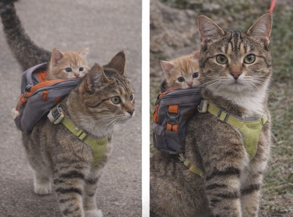 Una donna viene fotografata mentre passeggia con la sua gatta al guinzaglio. Sul dorso dell’animale uno zainetto trasporta il cucciolo, rendendo l’immagine virale.