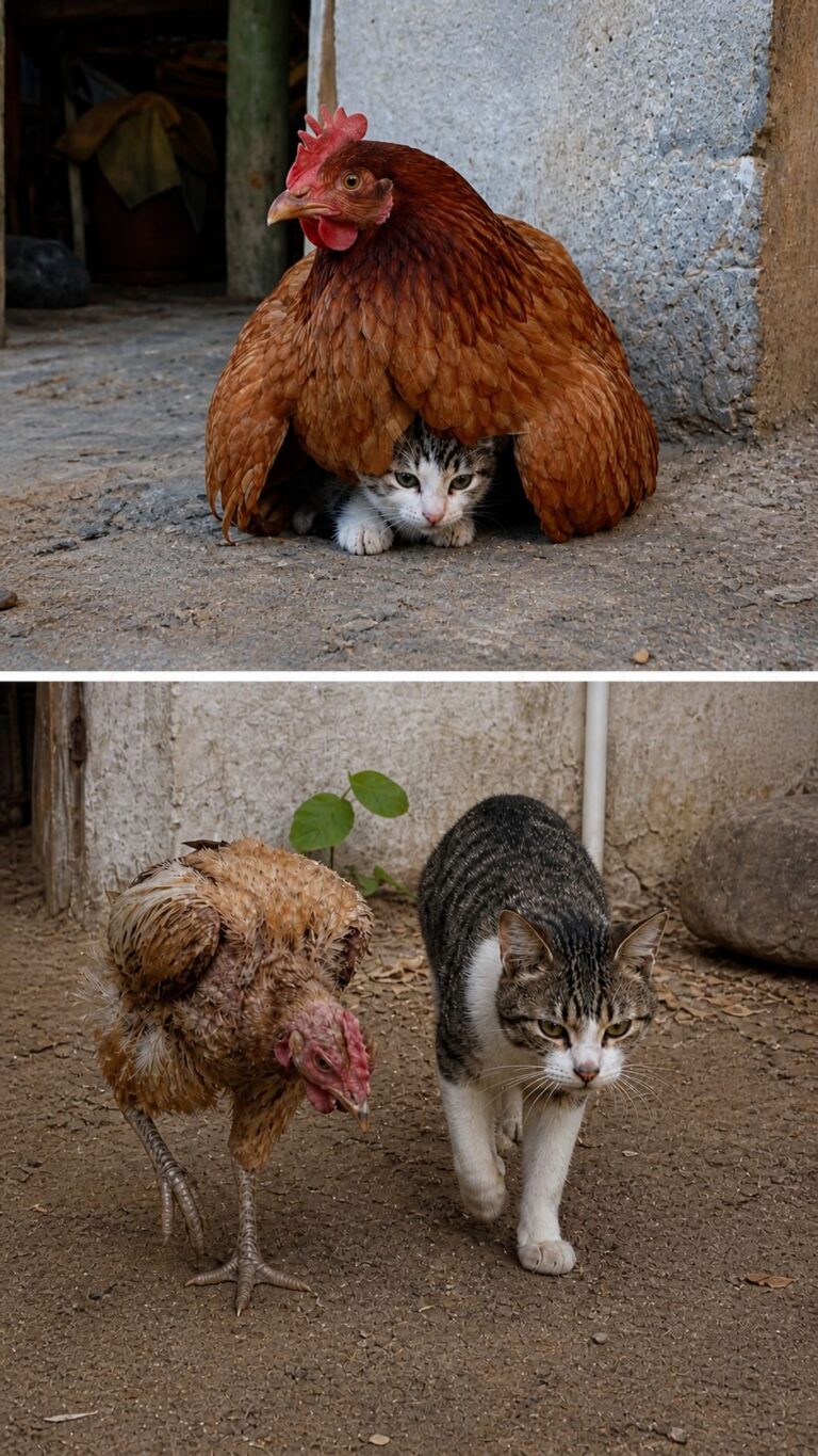 Un gattino abbandonato è stato accolto da una gallina che lo ha protetto e cresciuto. Anni dopo il gatto adulto continua a vegliare su di lei.