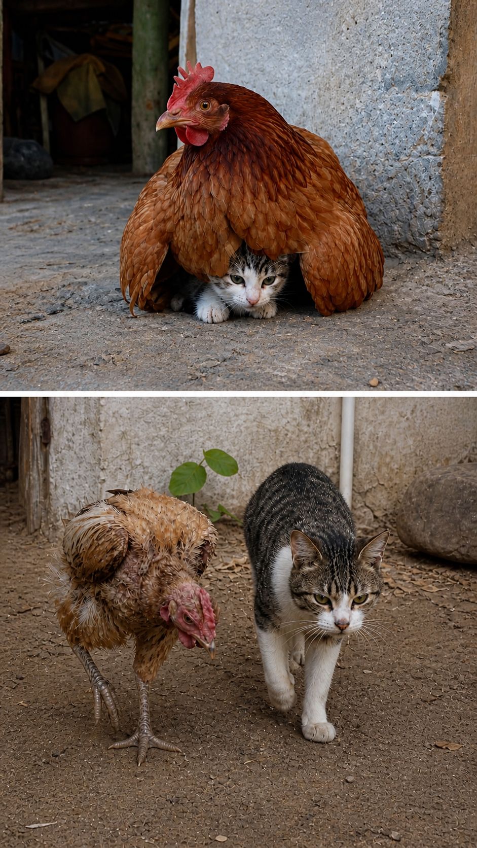 Un gattino abbandonato è stato accolto da una gallina che lo ha protetto e cresciuto. Anni dopo il gatto adulto continua a vegliare su di lei.