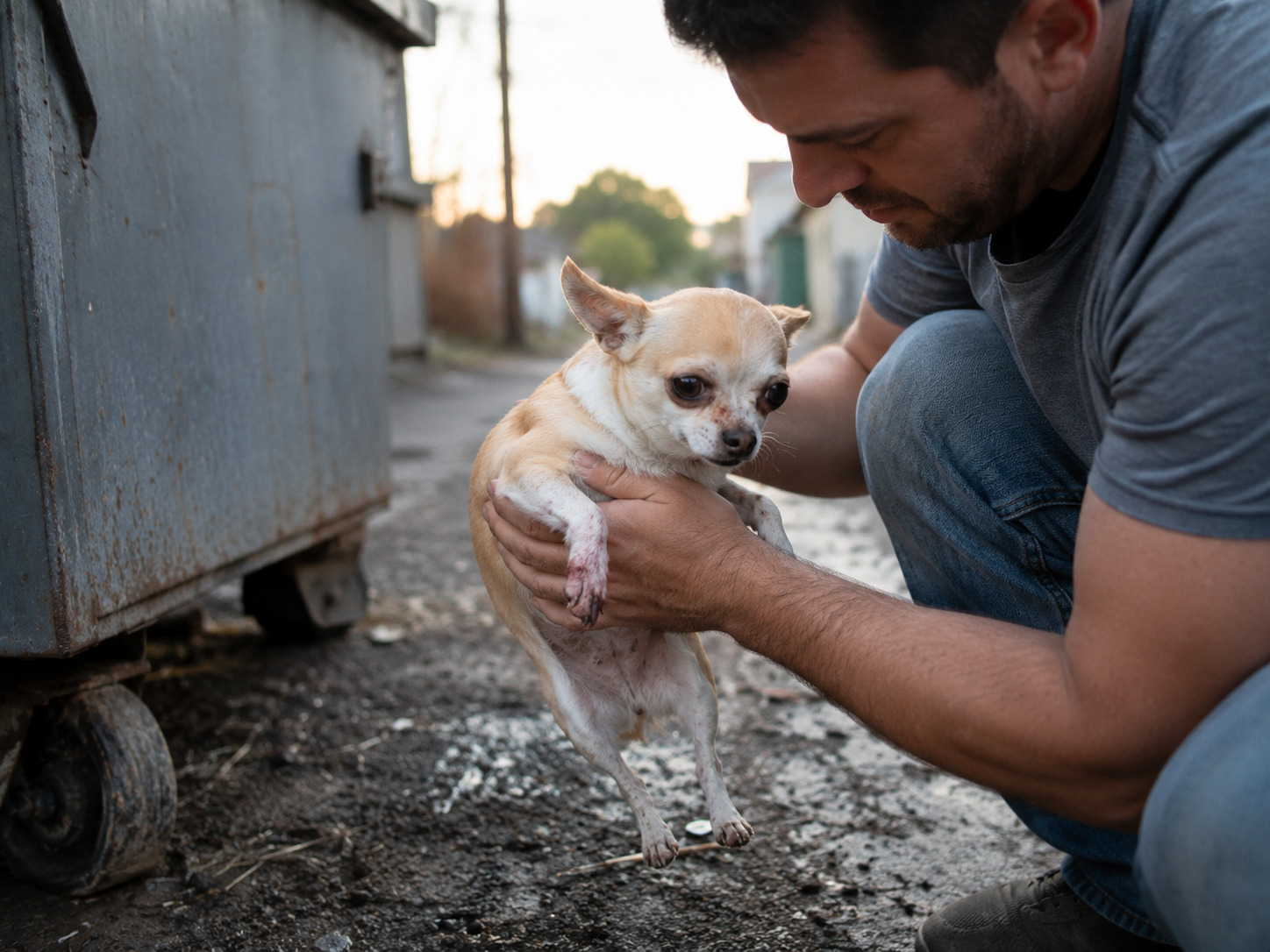 Trovata ferita vicino a un cassonetto, la Chihuahua Bella è stata soccorsa da una coppia e ora affronta cure, riposo e recupero.