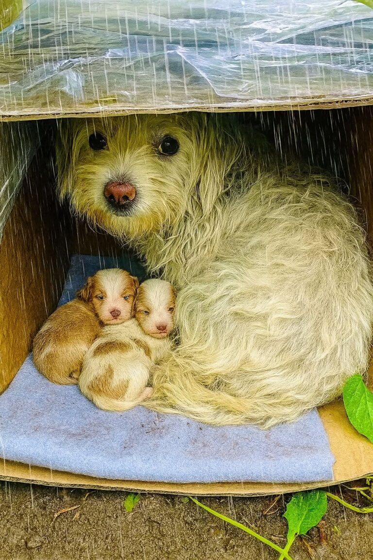 Un cagnolino è stato trovato nascosto in una scatola di cartone tra i cespugli poco prima dell’arrivo della pioggia.