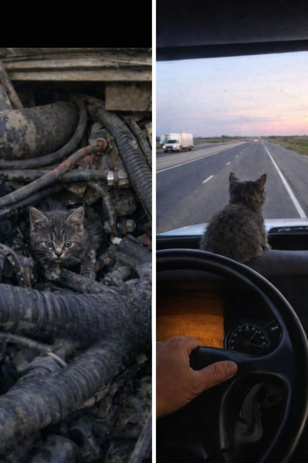Un camionista ha scoperto un gattino grigio nascosto nel vano motore durante una sosta notturna in area di servizio.