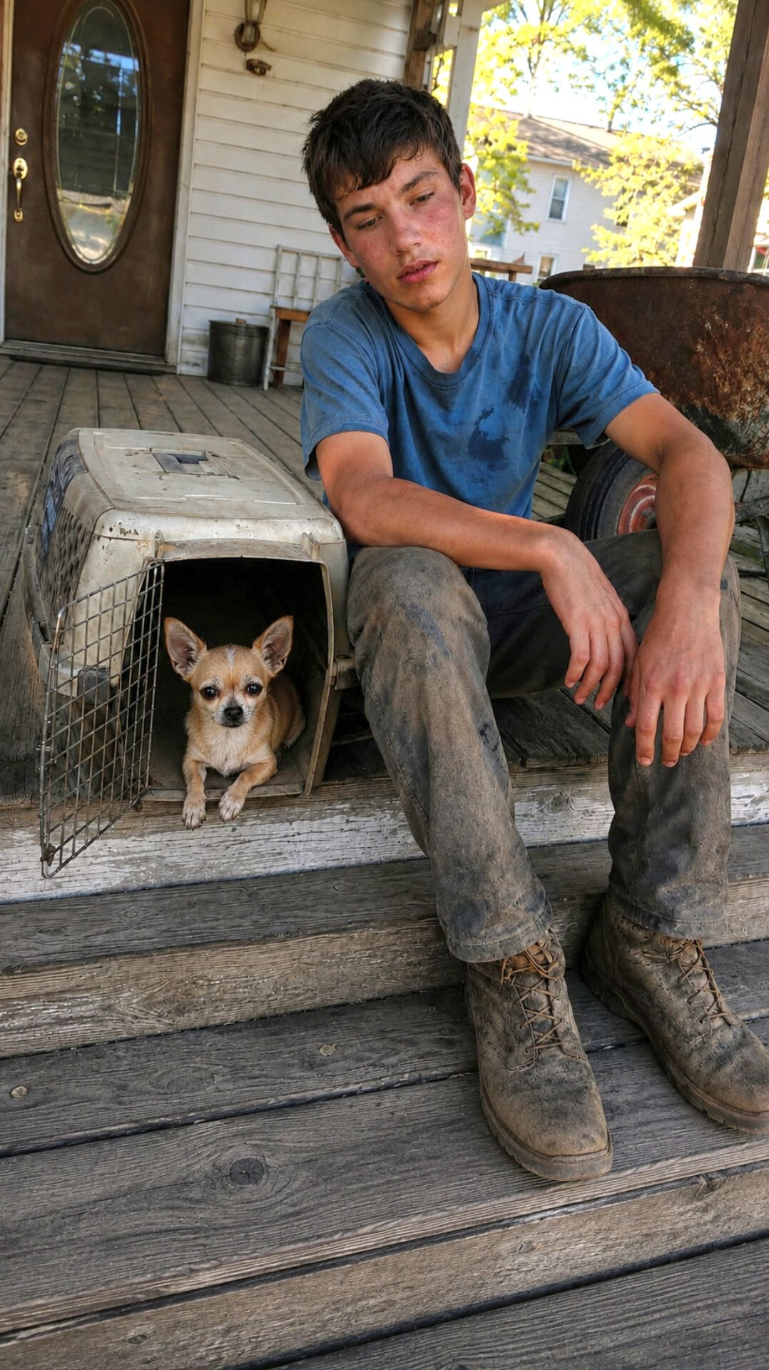 Durante una giornata di lavoro pesante, Kaelen ha protetto Peanut, un piccolo Chihuahua trovato poche ore prima vicino alla strada.