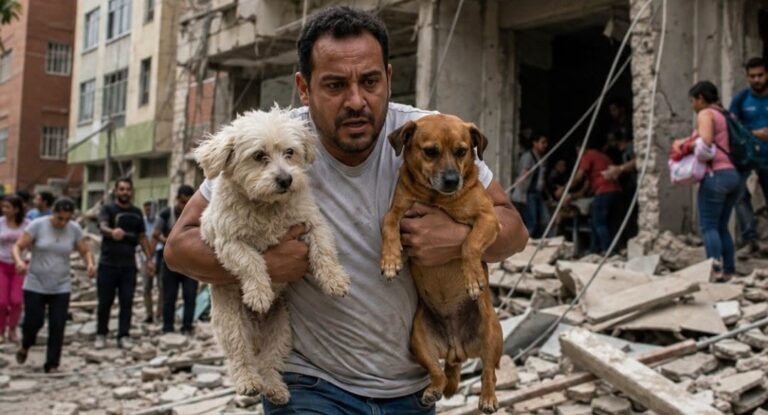 Nel momento del pericolo, un uomo ha scelto di non scappare da solo: con sé ha portato entrambi i suoi cani.