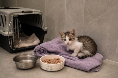 Dopo la sterilizzazione, il piccolo si lascia accarezzare ma resta nascosto in bagno. Ora nasce il dubbio sul suo futuro.