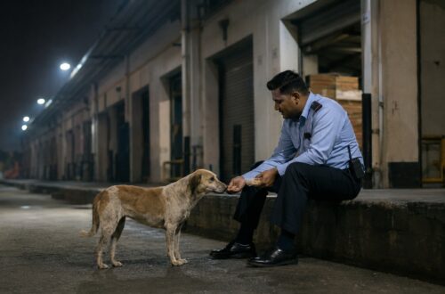 Il proprietario della fabbrica ha notato il gesto rivedendo le immagini di videosorveglianza: la guardia ha offerto metà cena al cane.