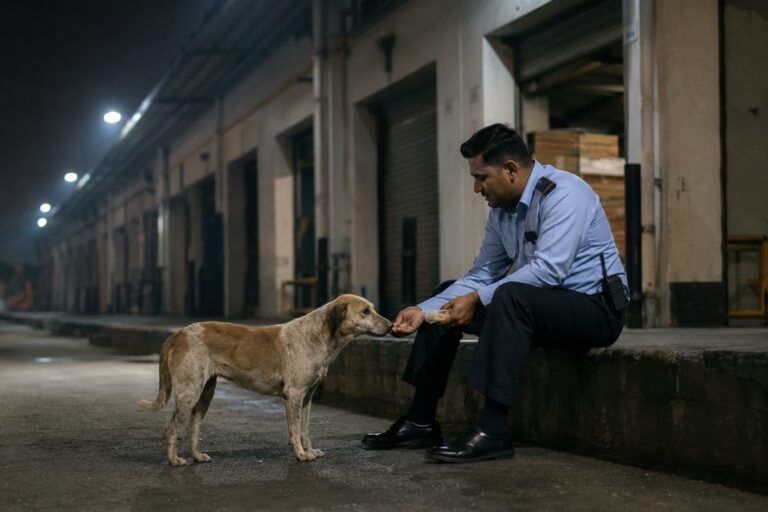 Il proprietario della fabbrica ha notato il gesto rivedendo le immagini di videosorveglianza: la guardia ha offerto metà cena al cane.