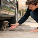 Il gattino guarda Matteo e trova il coraggio di uscire allo scoperto
