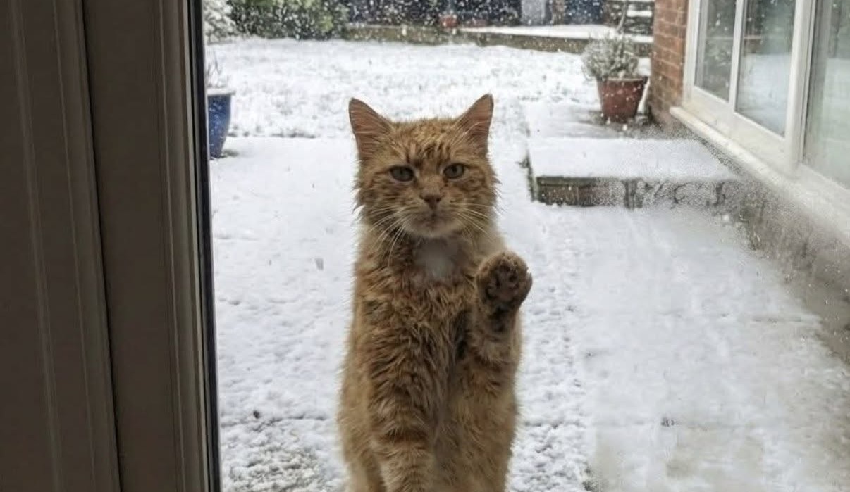 La gatta, magra e tremante, si è presentata davanti a una porta durante una notte di gelo. Da allora non è più uscita.