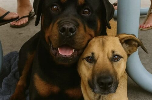 Un Rottweiler e un piccolo meticcio sono stati trovati affamati e spaventati. Il loro legame ha convinto una donna ad adottarli entrambi.