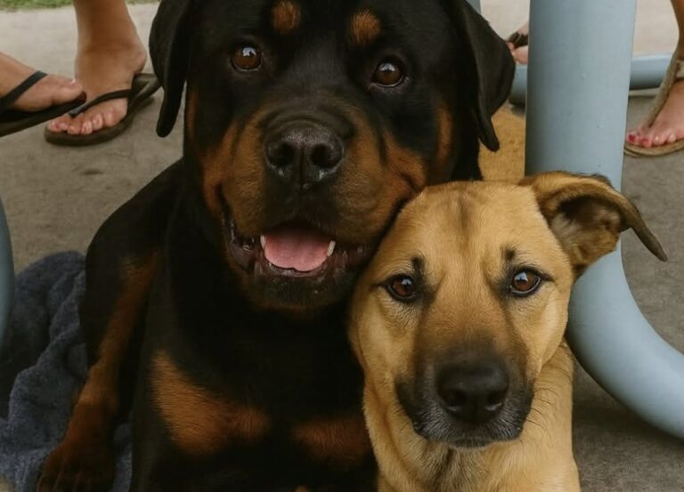 Un Rottweiler e un piccolo meticcio sono stati trovati affamati e spaventati. Il loro legame ha convinto una donna ad adottarli entrambi.