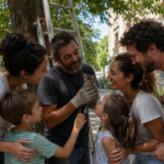 Gattina bloccata sull’albero viene salvata e conquista due famiglie